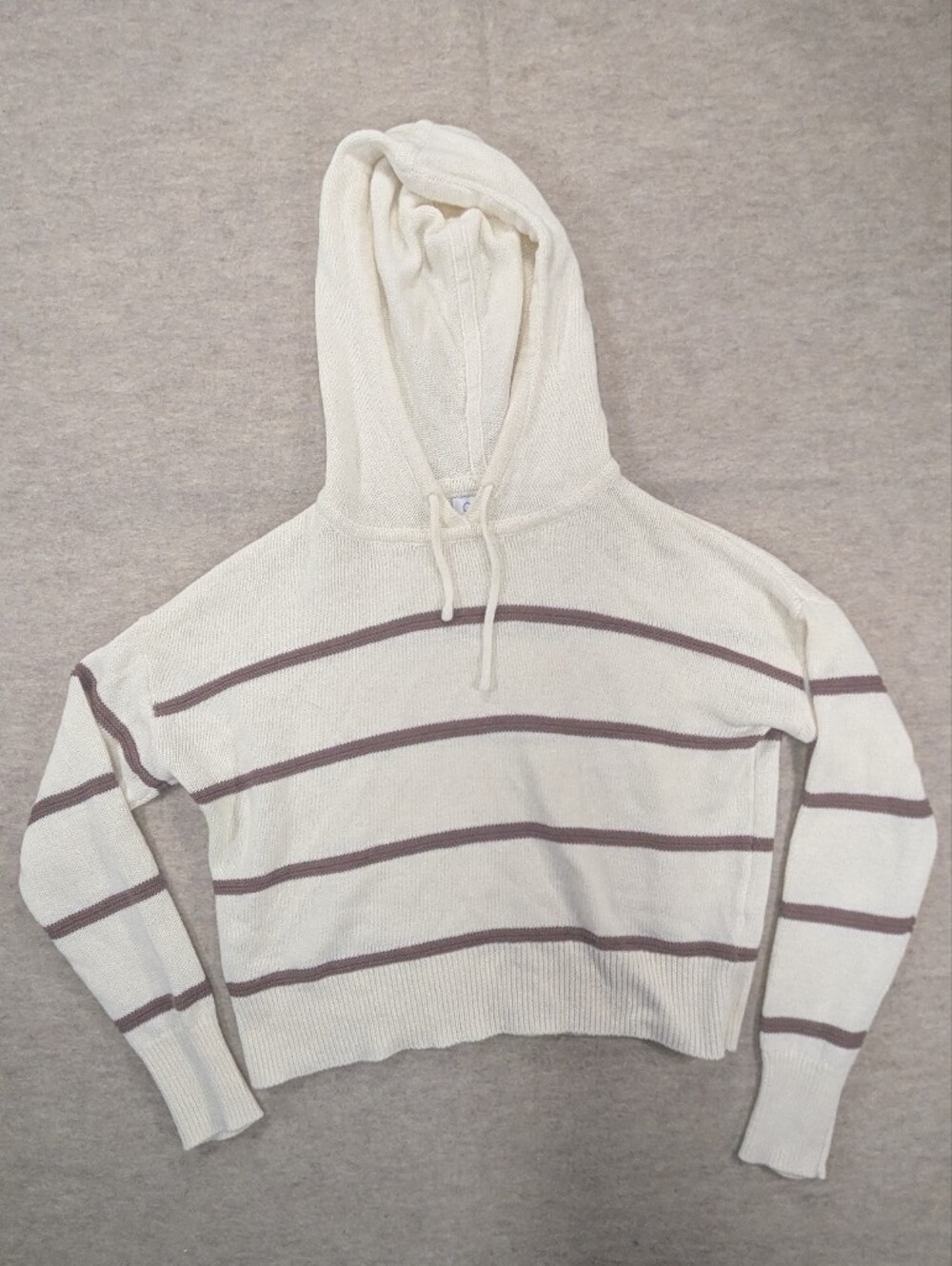 C&C California Cream Tan Stripes Knit Hoodie Linen Cotton Beachy Natural  S